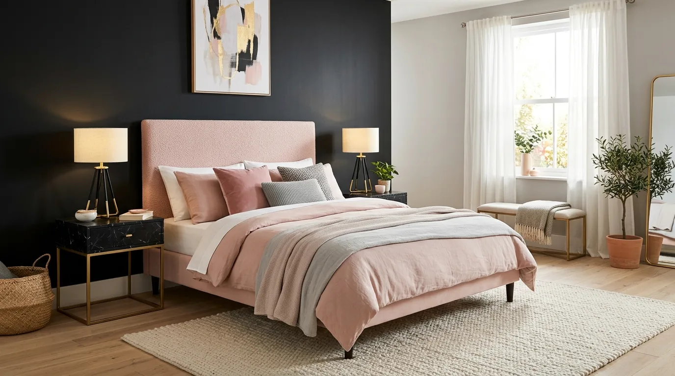 Playful black and pink bedroom with bold feminine contrast and layered styling.
