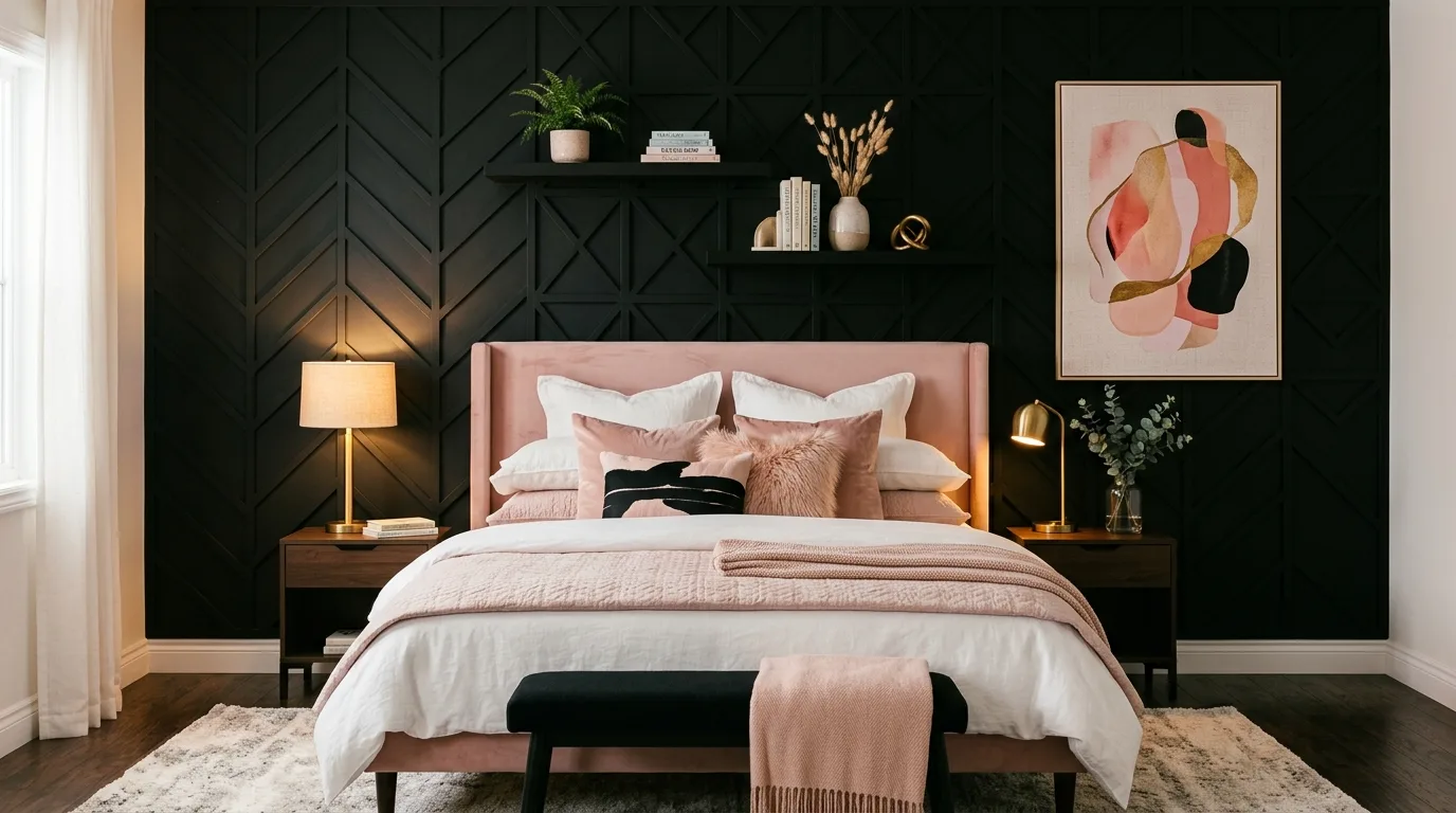 Black bed frame with blush layers in a playful feminine bedroom.