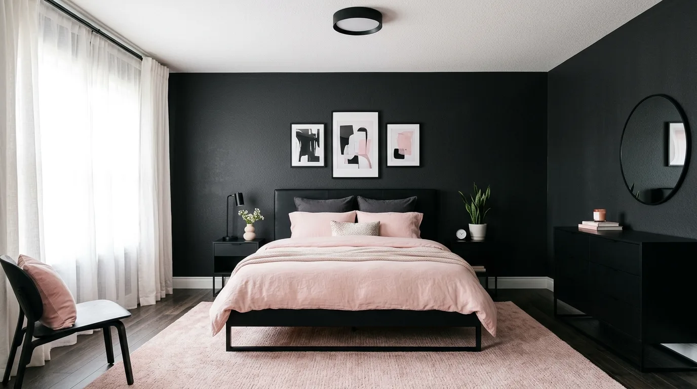 Pink velvet against matte black in a luxurious playful bedroom.