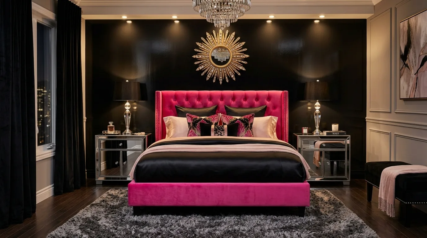 Black and pink bedroom with gold accent warmth and feminine edge.