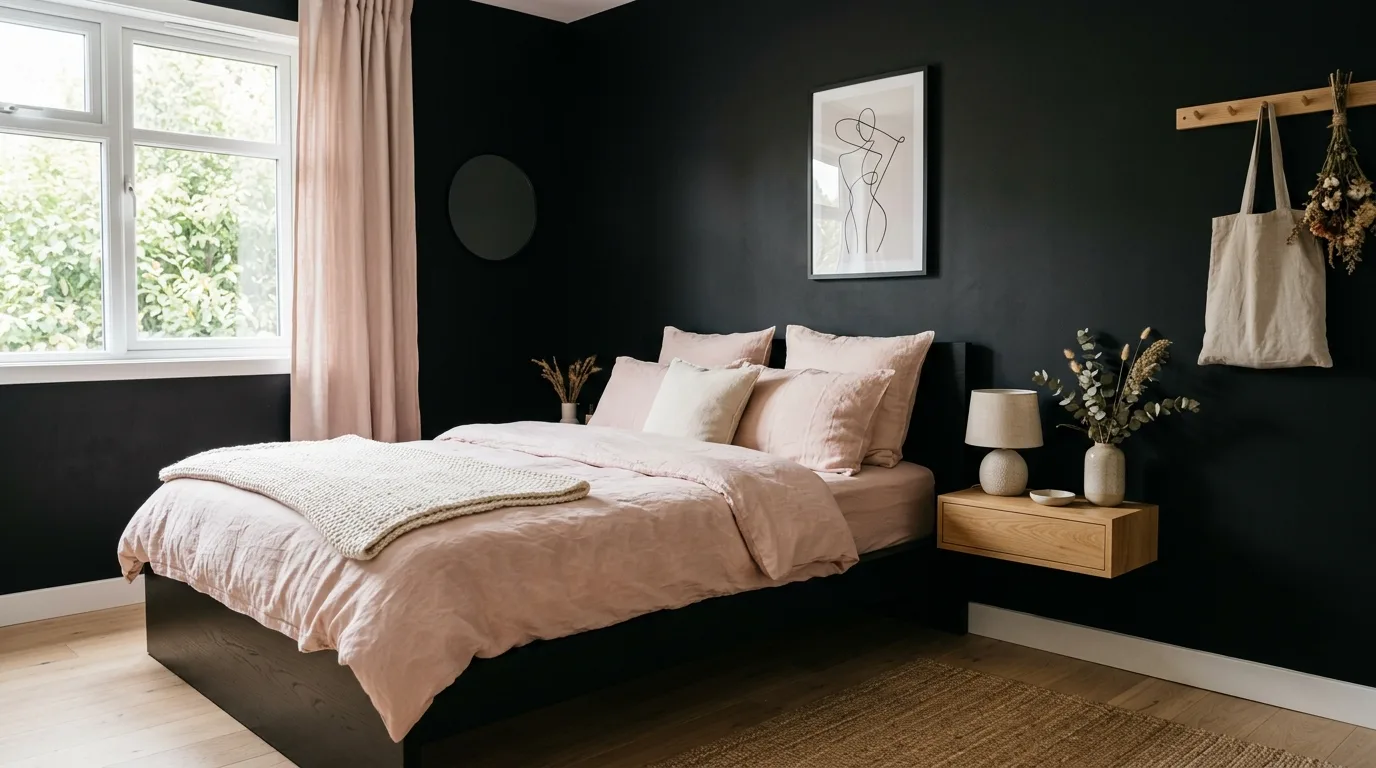Soft pink walls with black graphic details in a balanced bedroom.