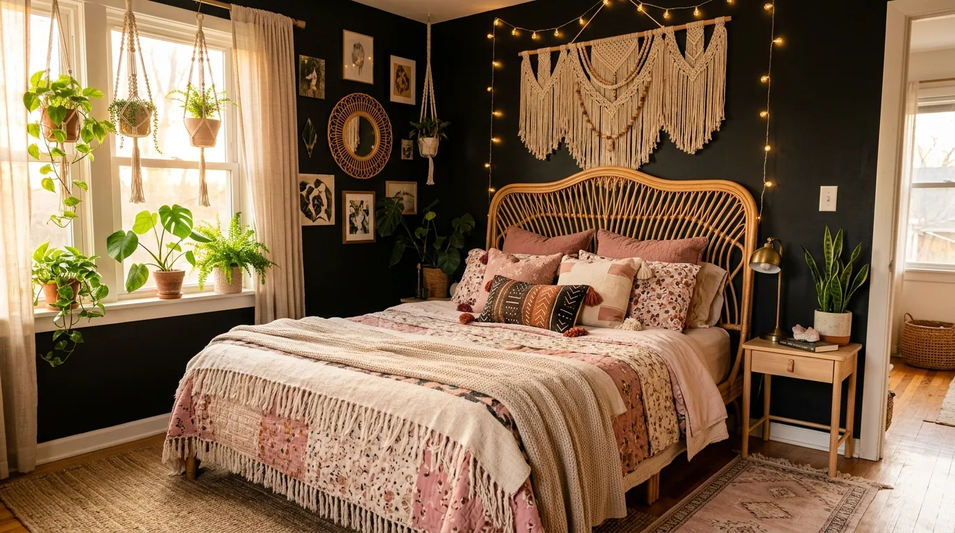 Blush upholstery in a black room with soft bold feminine contrast.