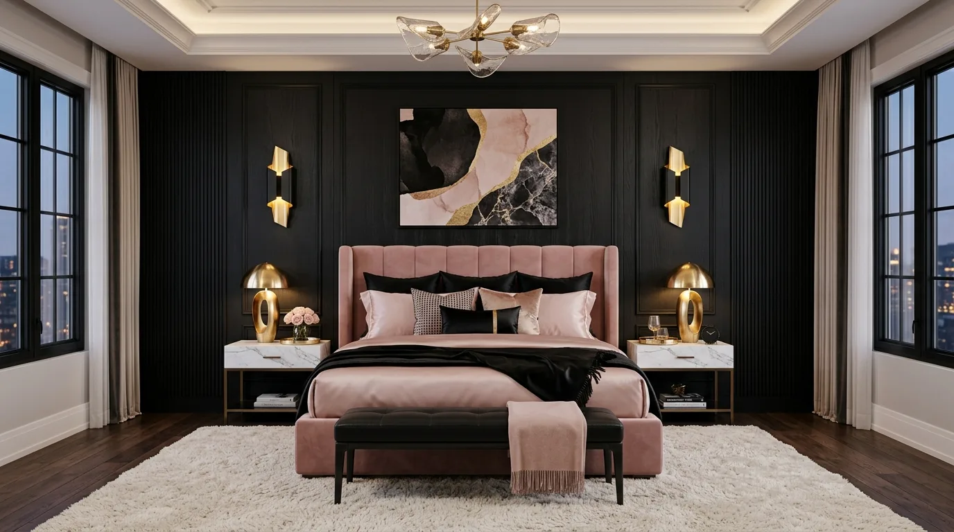 Black accent wall with pink art and textiles in a bold playful bedroom.