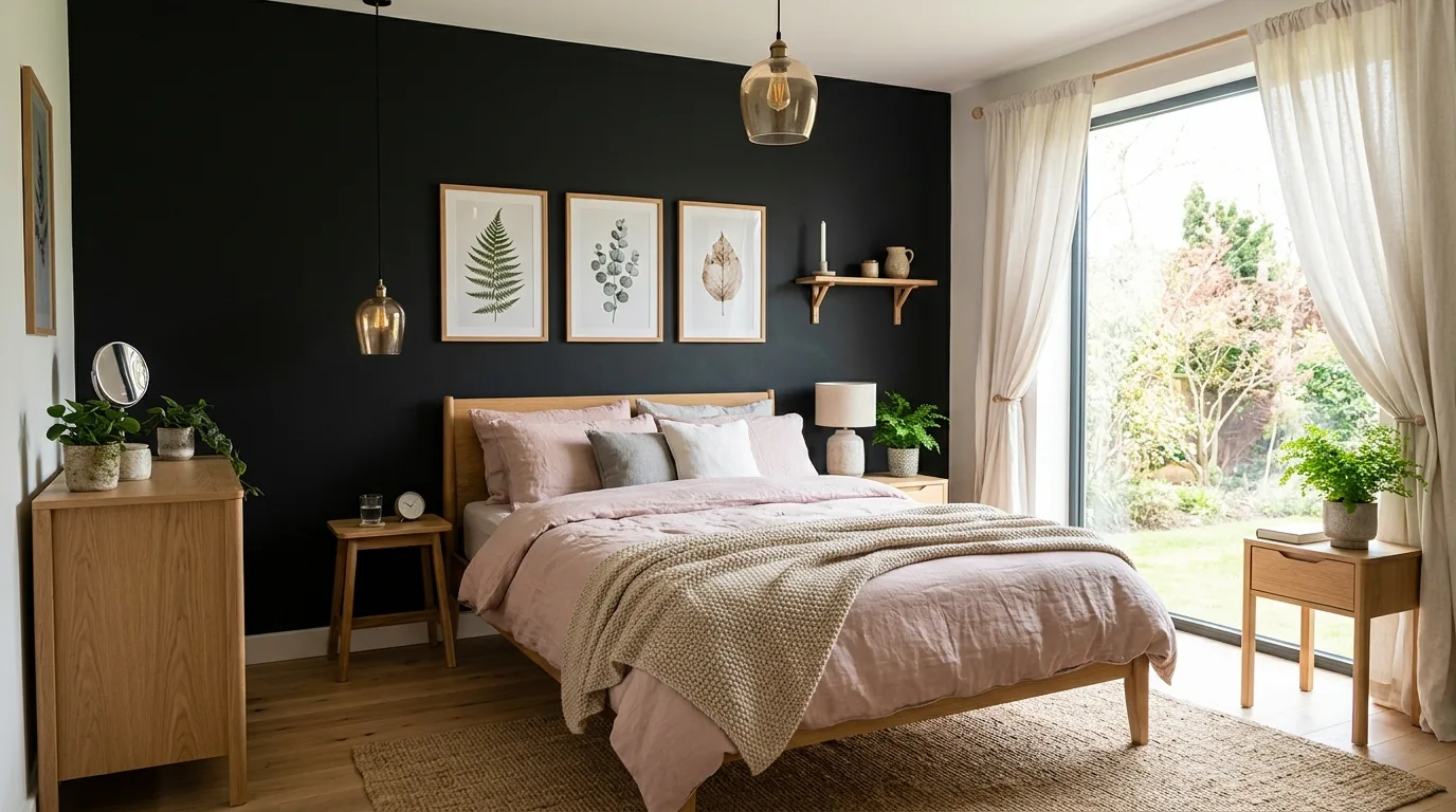 Pink bedding with black metal structure in a stylish playful bedroom.