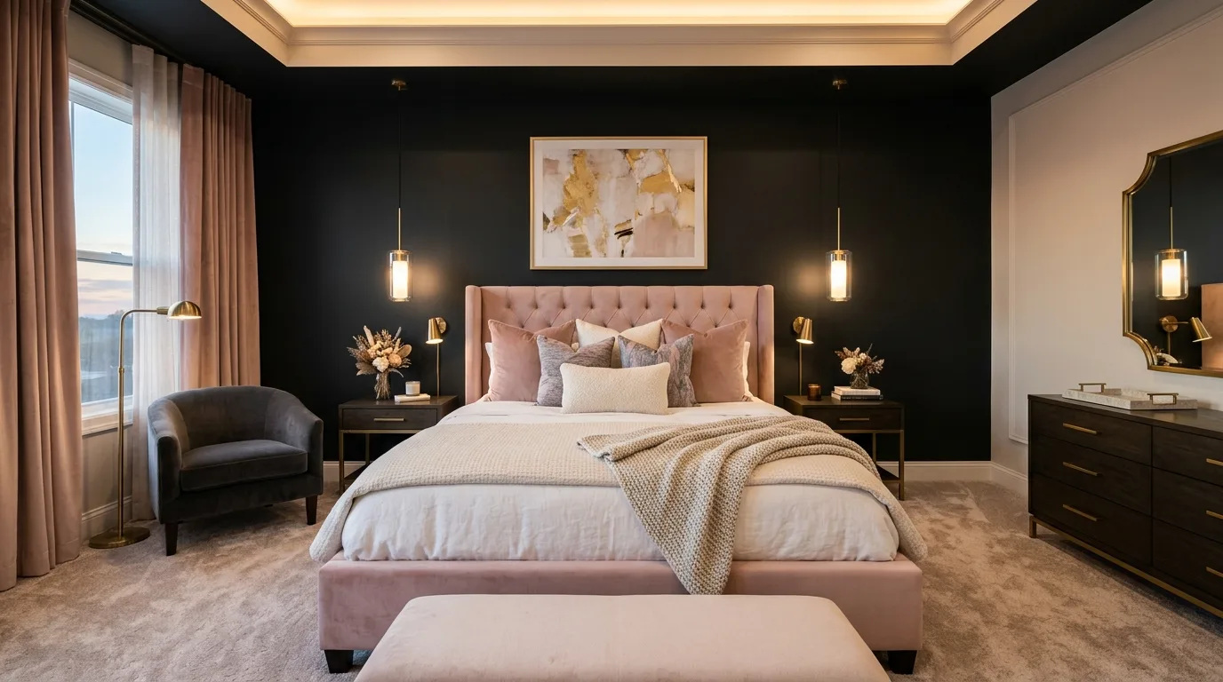 Moody pink and black glam vibe in a bold feminine bedroom.