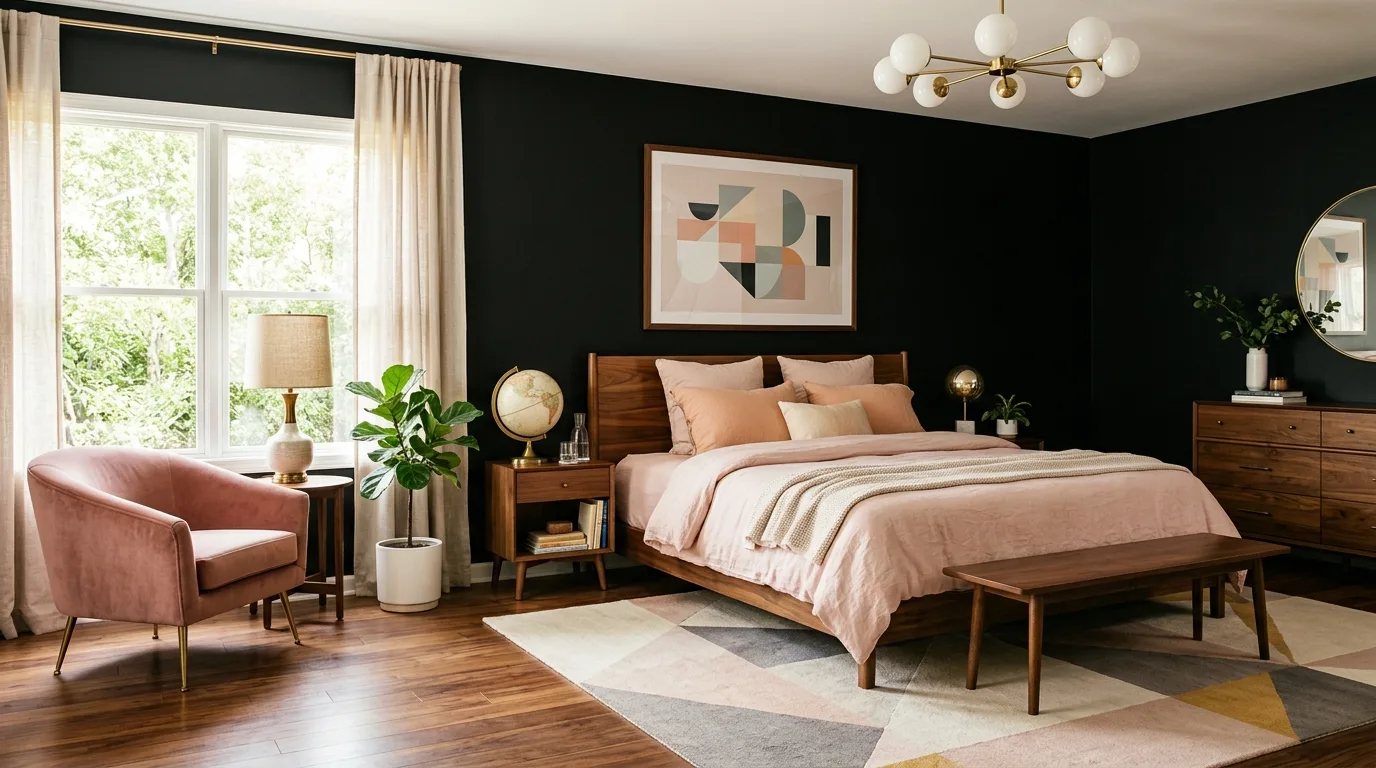 Soft pink layers with black furniture anchors in a balanced bedroom.