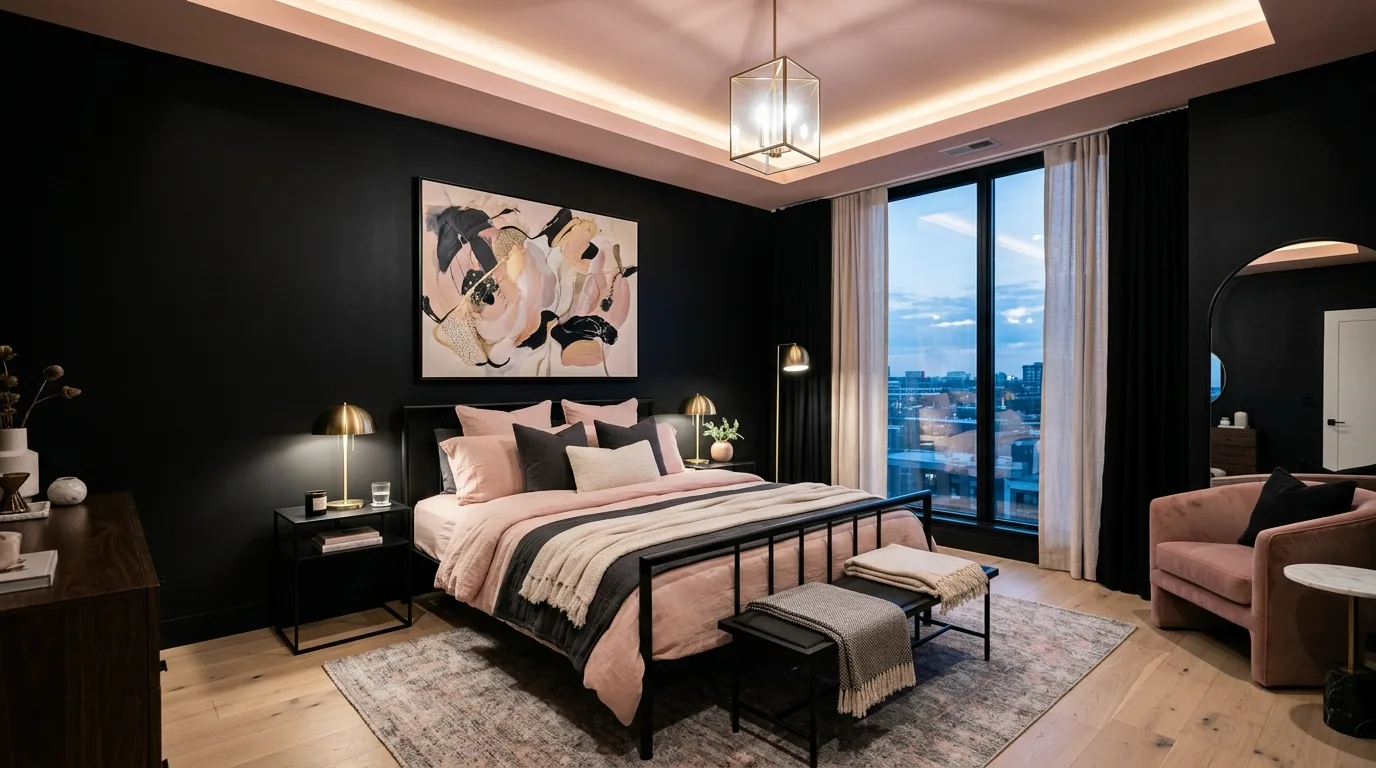 Black and pink bedroom with a clean modern layout and feminine contrast.