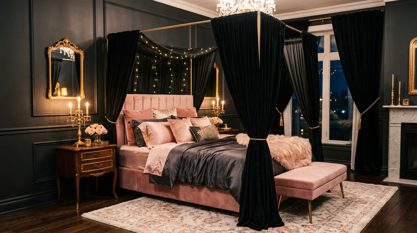 Black and pink bedroom feeling bold feminine and fun with layered warmth.