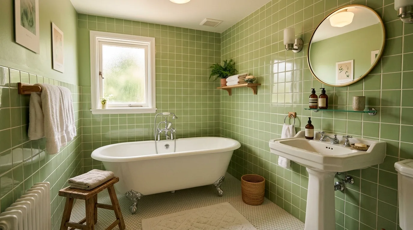 Pretty pistachio bathroom with a soft retro glow.