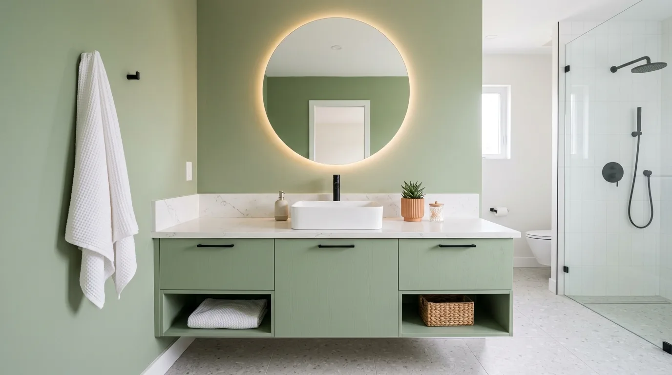 Pistachio used as a soft envelope color in a bathroom.