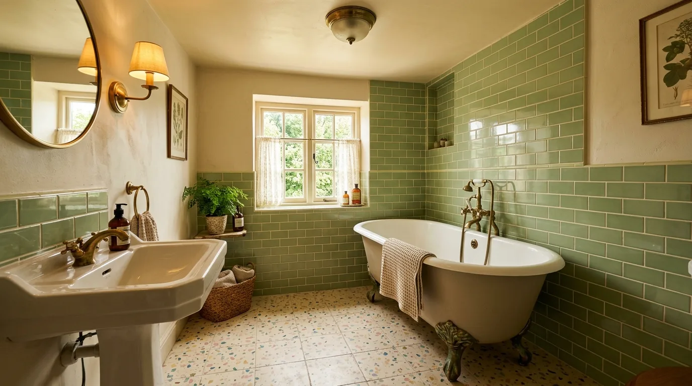 Cream paired with pistachio for vintage bathroom warmth.
