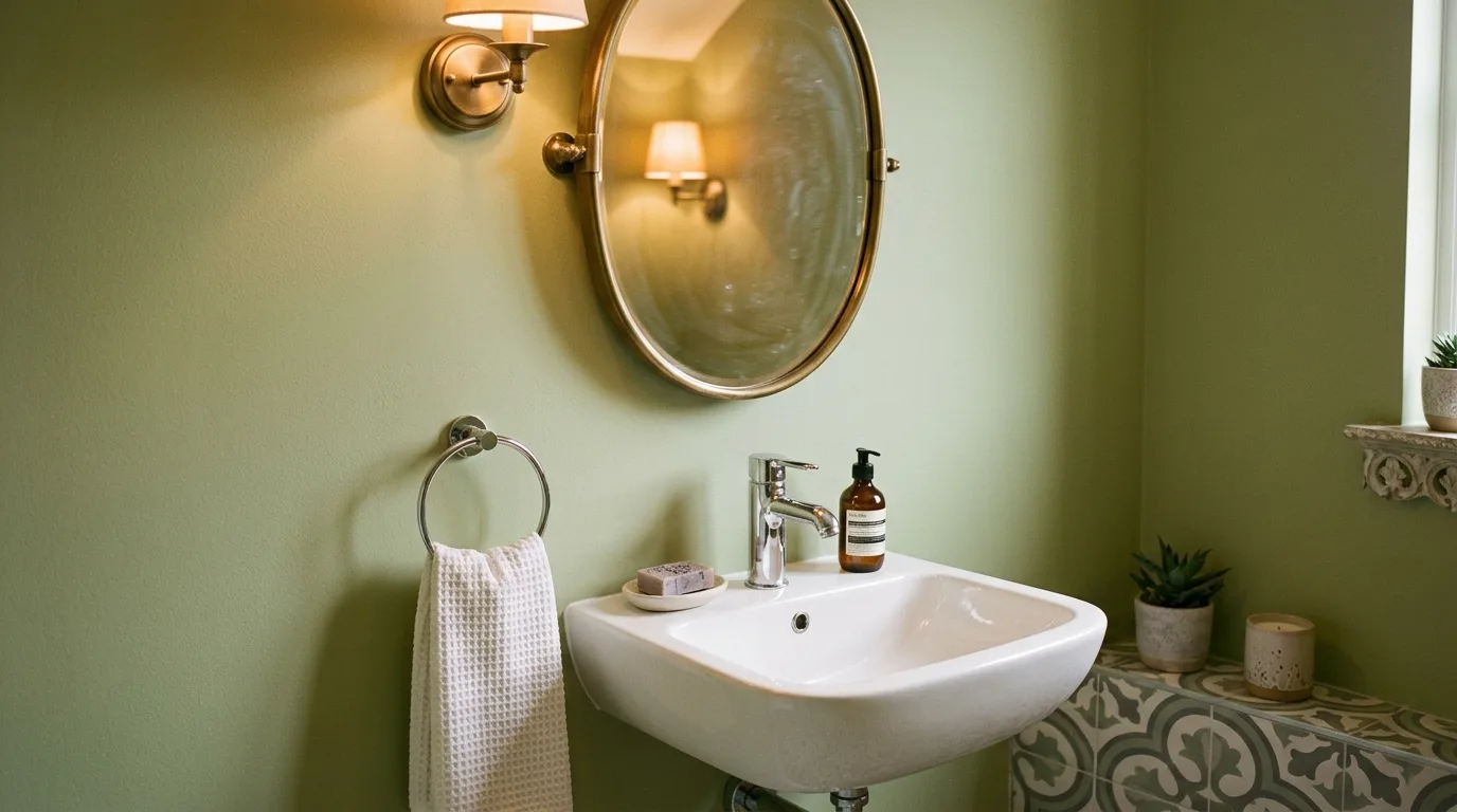 Warm metal details adding glow to a pistachio bathroom.