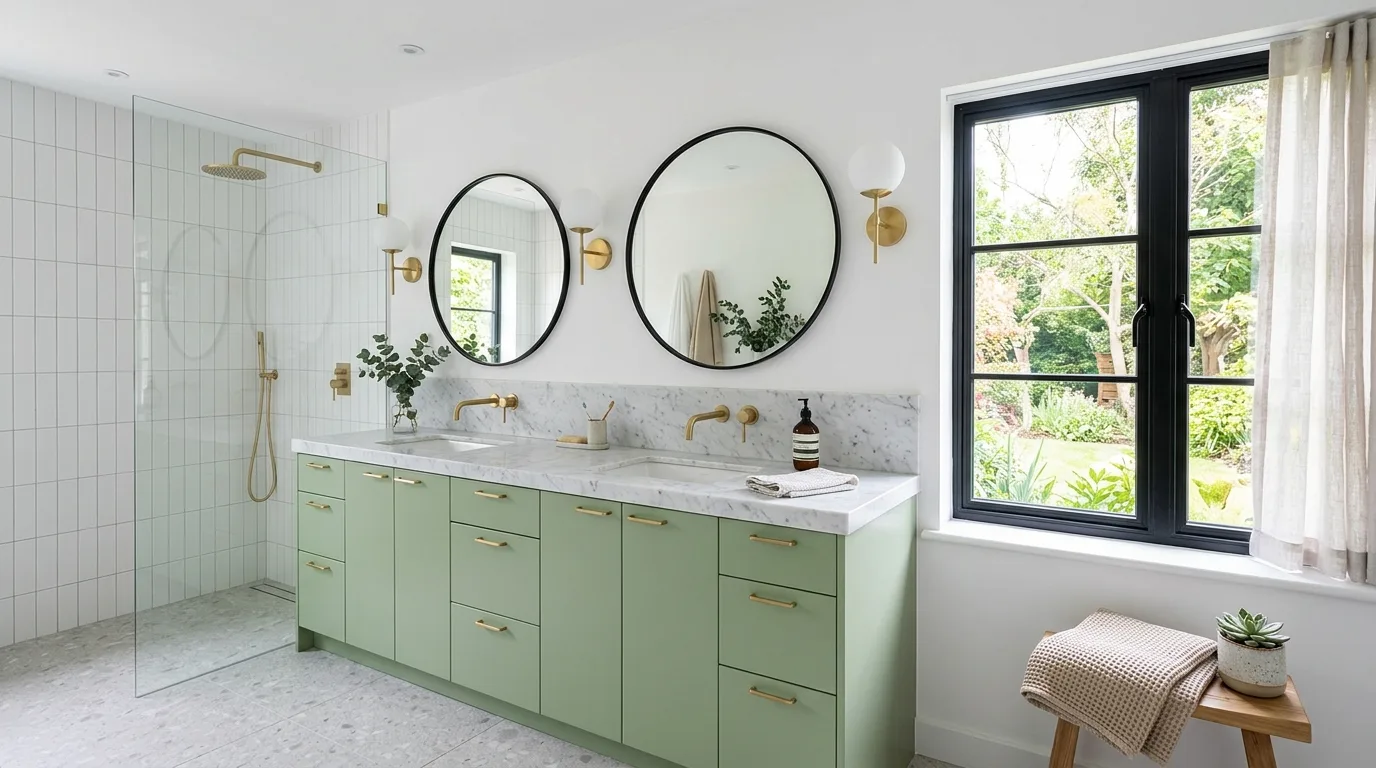 Rounded shapes enhancing retro ease in a pistachio bathroom.