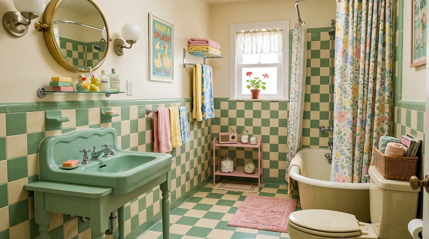 Lighting making pistachio green glow in a bathroom.