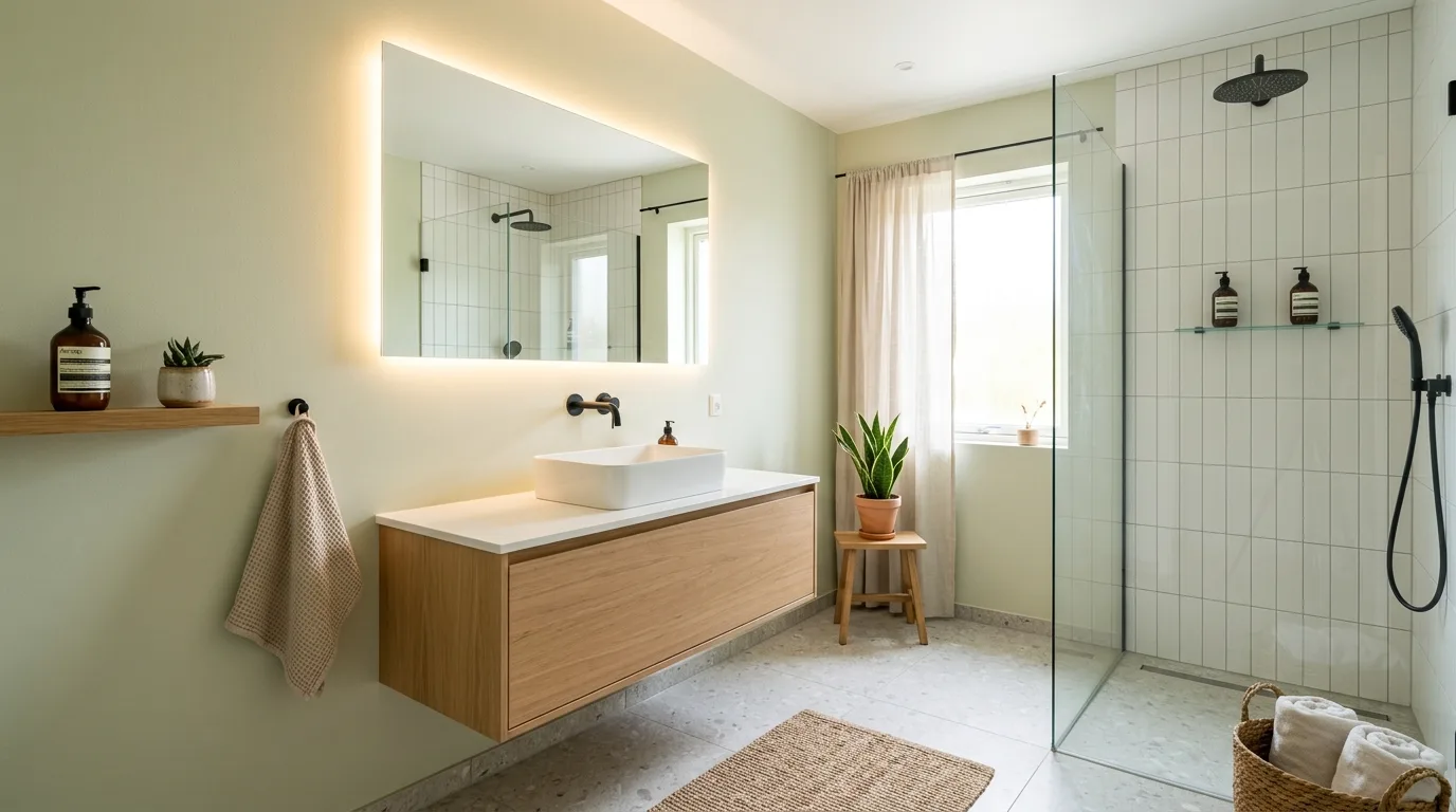 Gentle nostalgia in a soft retro pistachio bathroom.