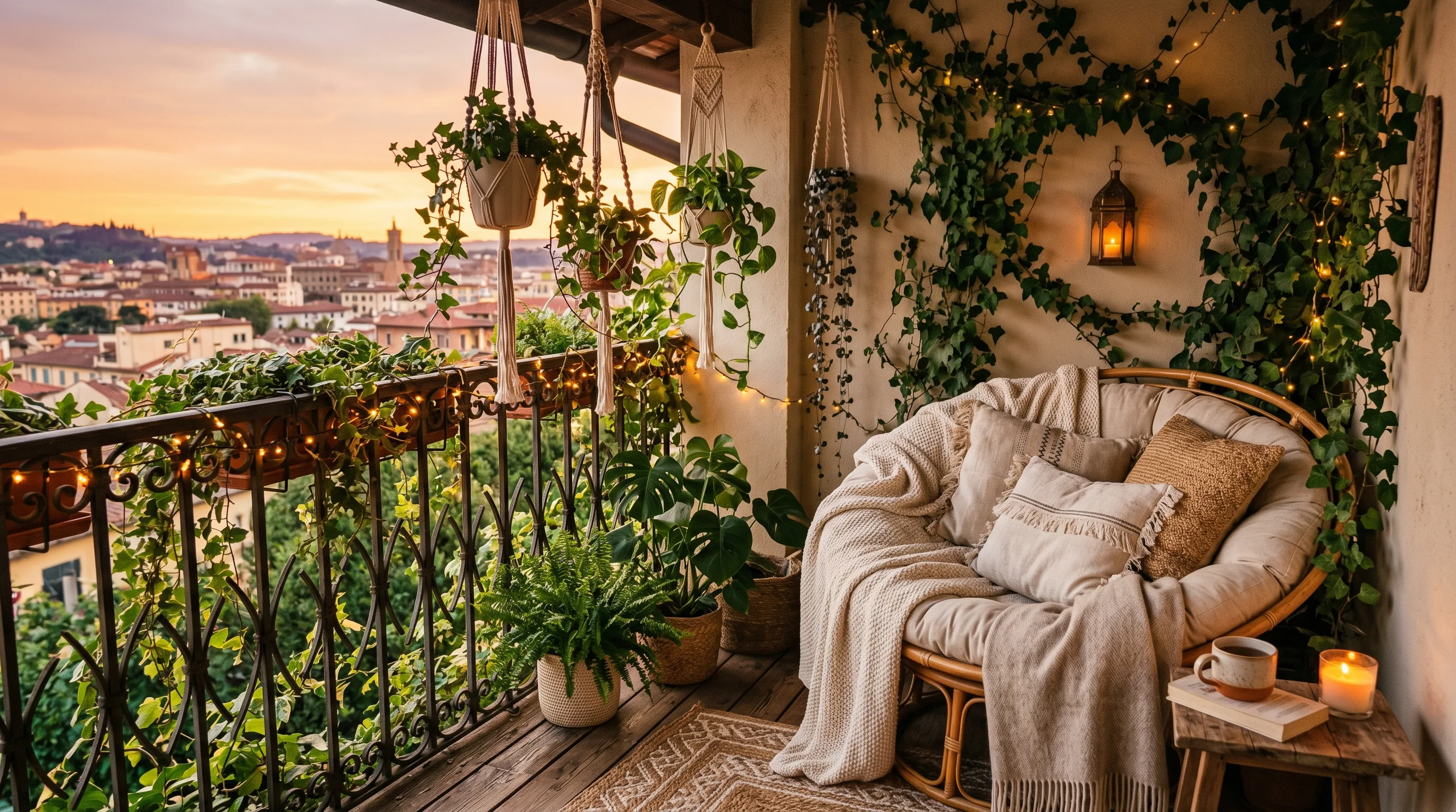 Warm string lights layering a dreamy glow on a small balcony.