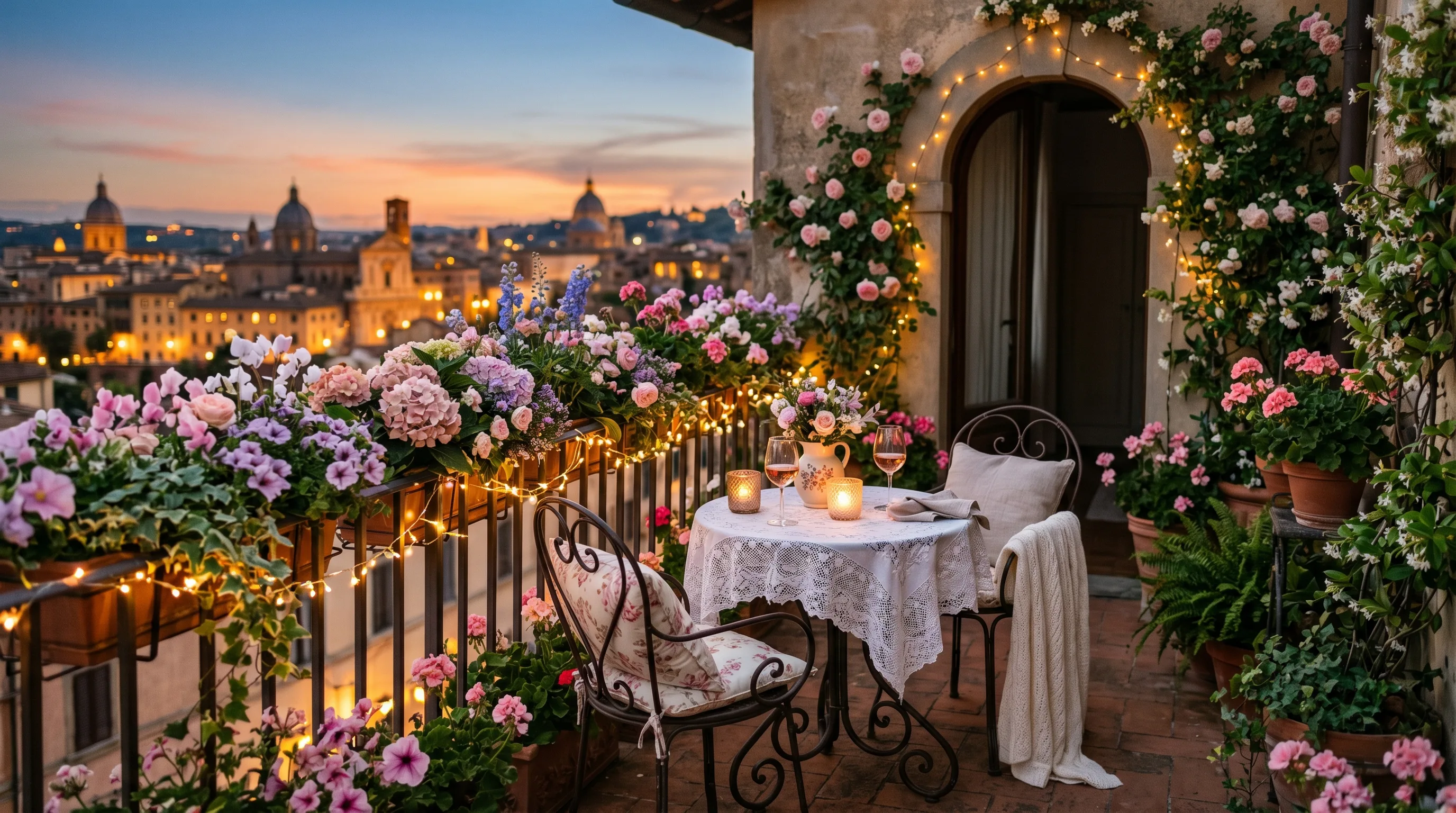 Cascading greenery softening a dreamy small balcony aesthetic.