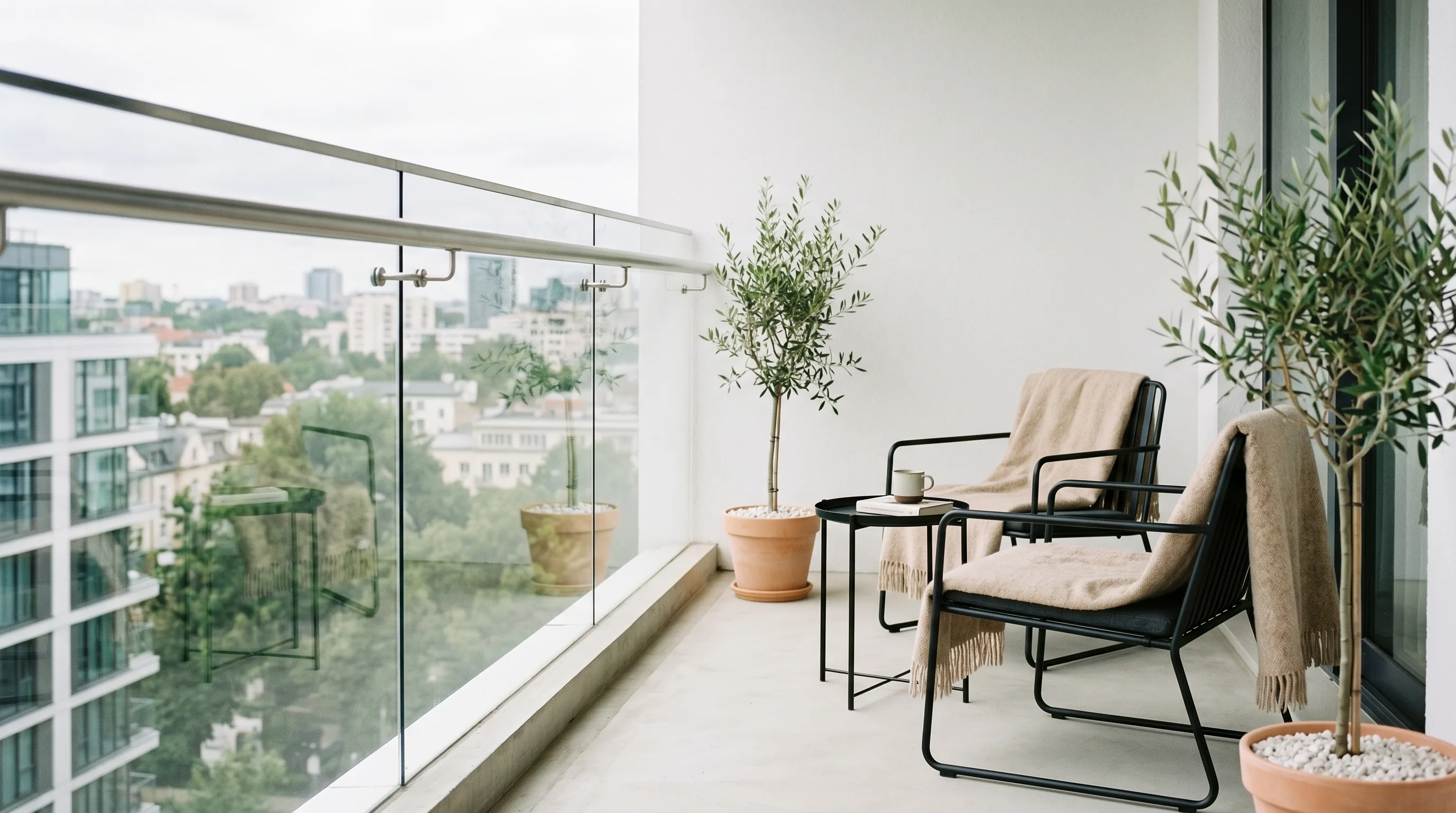 Light privacy layer making a small balcony feel dreamy and tucked away.