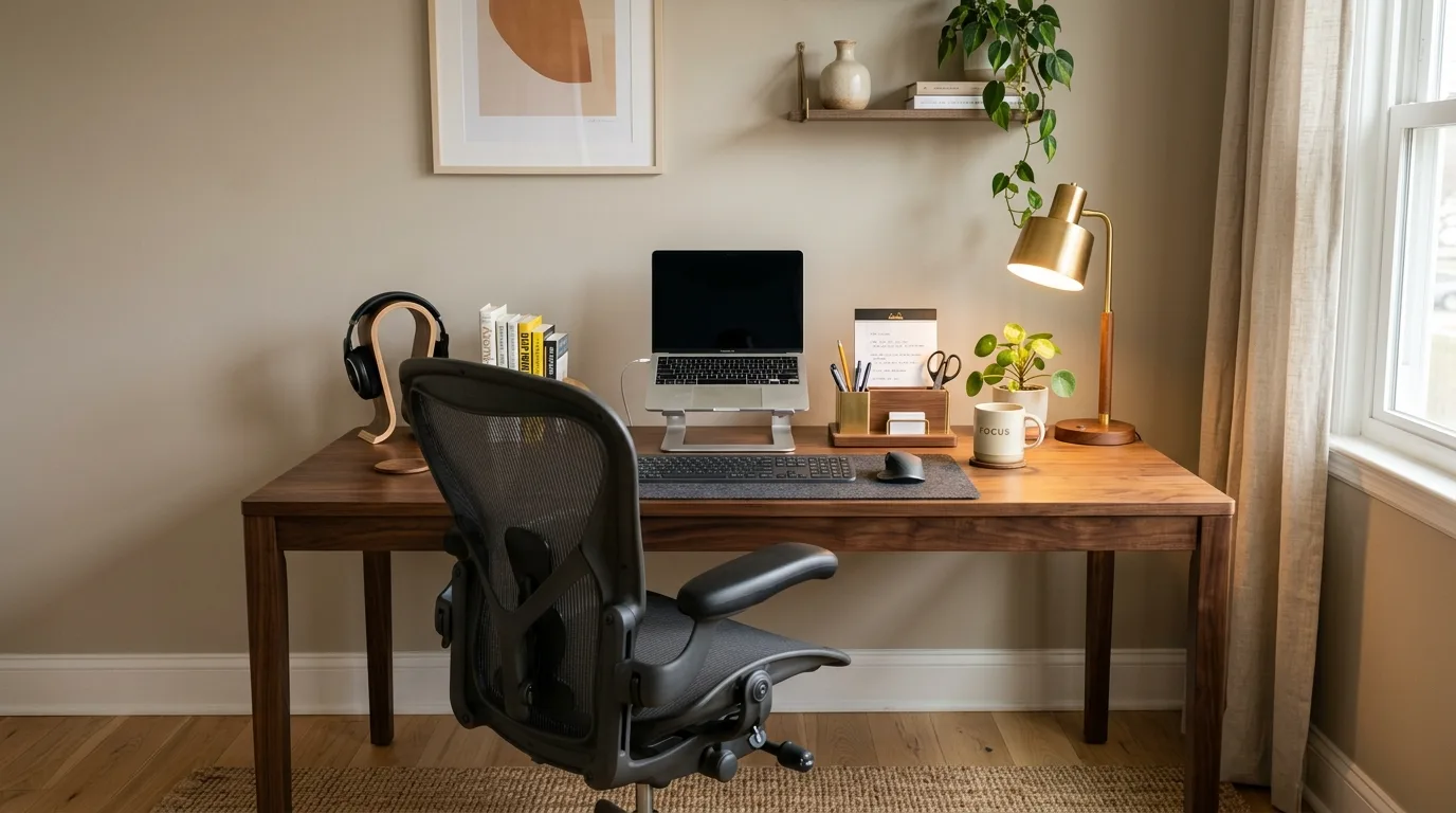 Clear desk area in a productive creative home office.