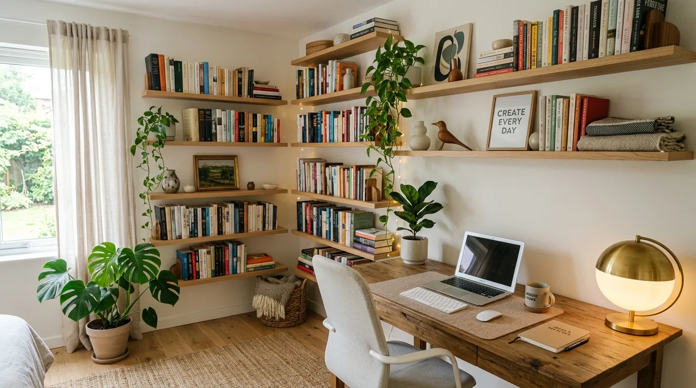 Creative decor sparking ideas without clutter in a home office.