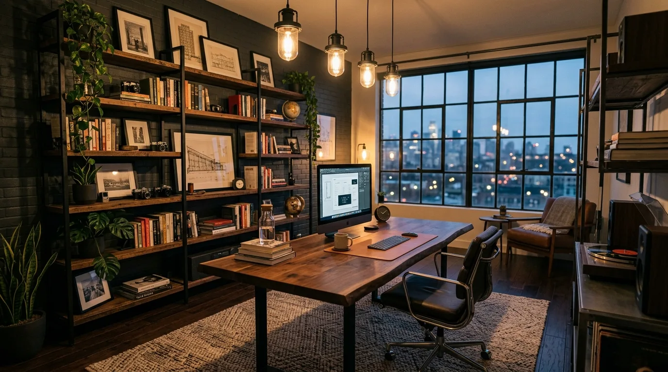 Smart storage hiding friction in a productive home office.