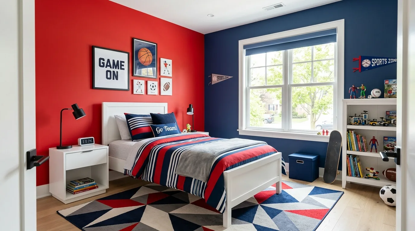 Boys bedroom in bold red and blue with playful layered decor.