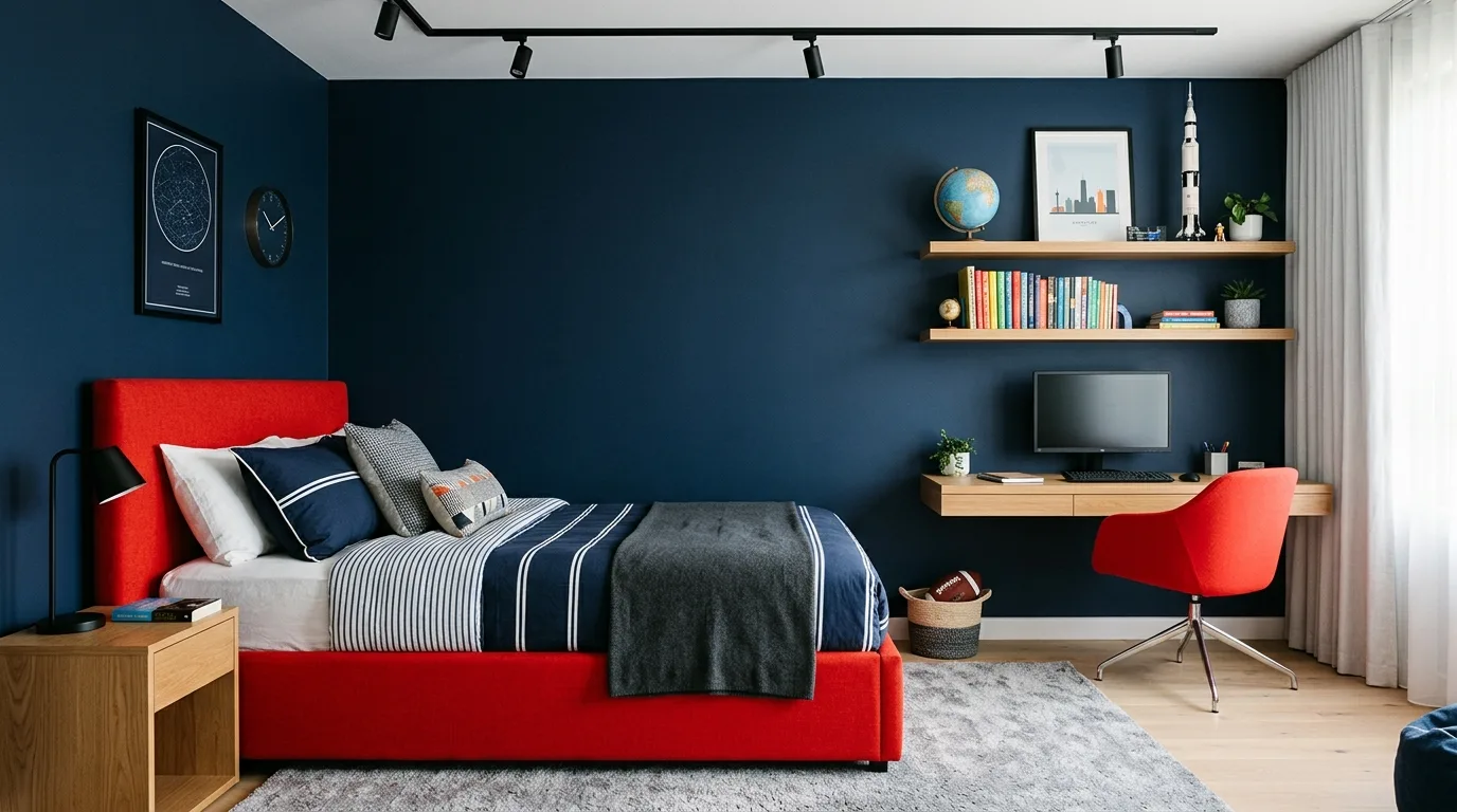 Red and blue color-blocked bedroom walls in a playful boys room.