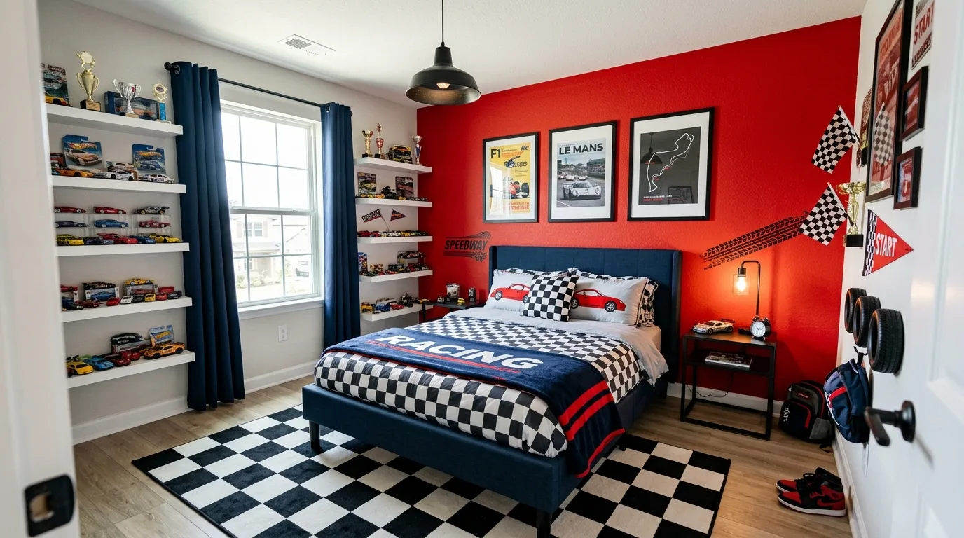 Red and blue boys bedroom with subtle sports-inspired styling.