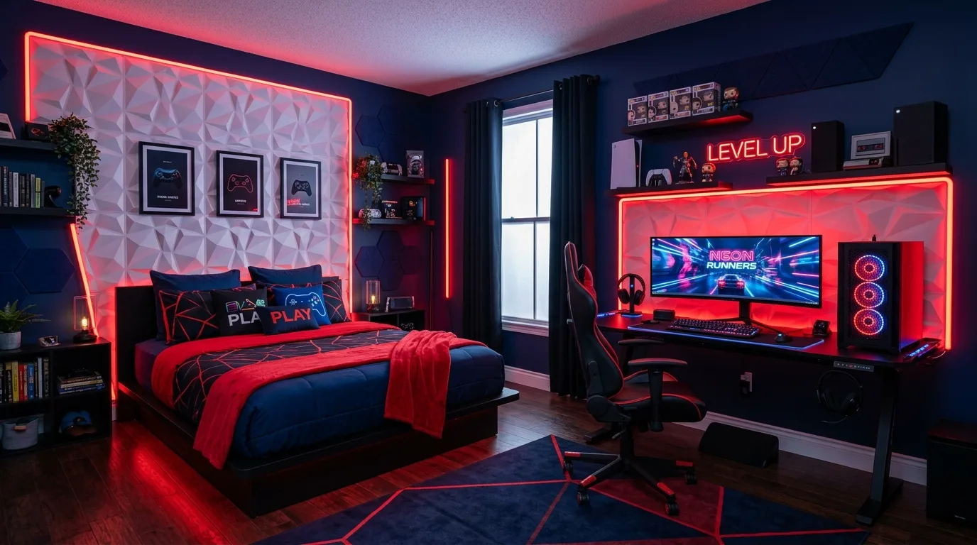 Red and blue bedroom softened with white walls and white furniture.