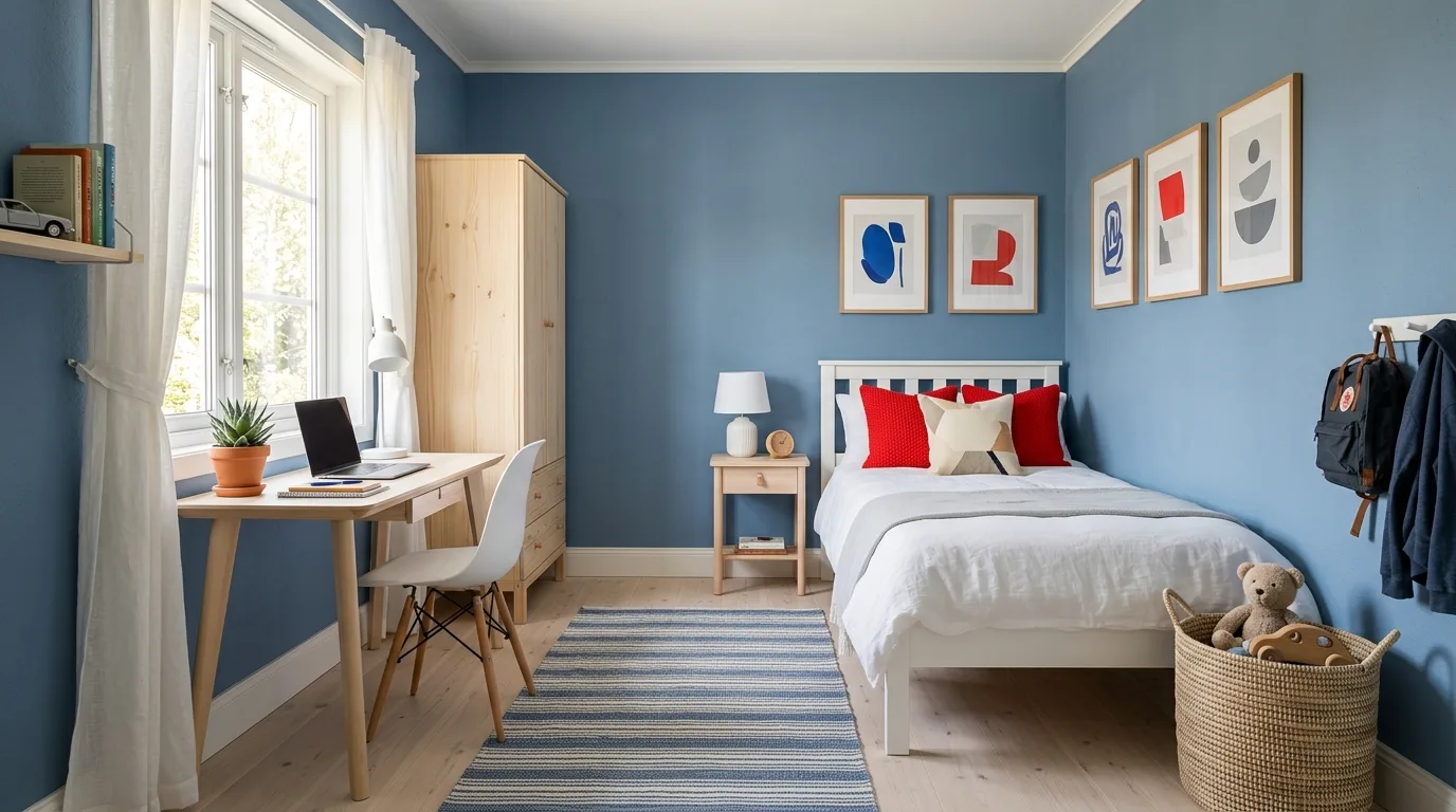 Nautical-style boys bedroom in red and blue with clean striped details.