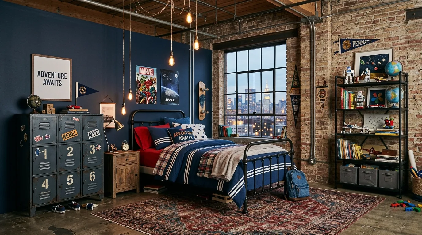 Simple boys bedroom with bold red and blue bedding as the focal point.