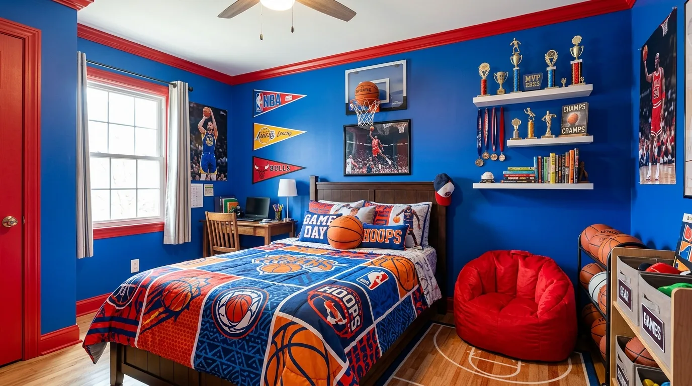 Blue bedroom with red storage bins and smart playful organization.