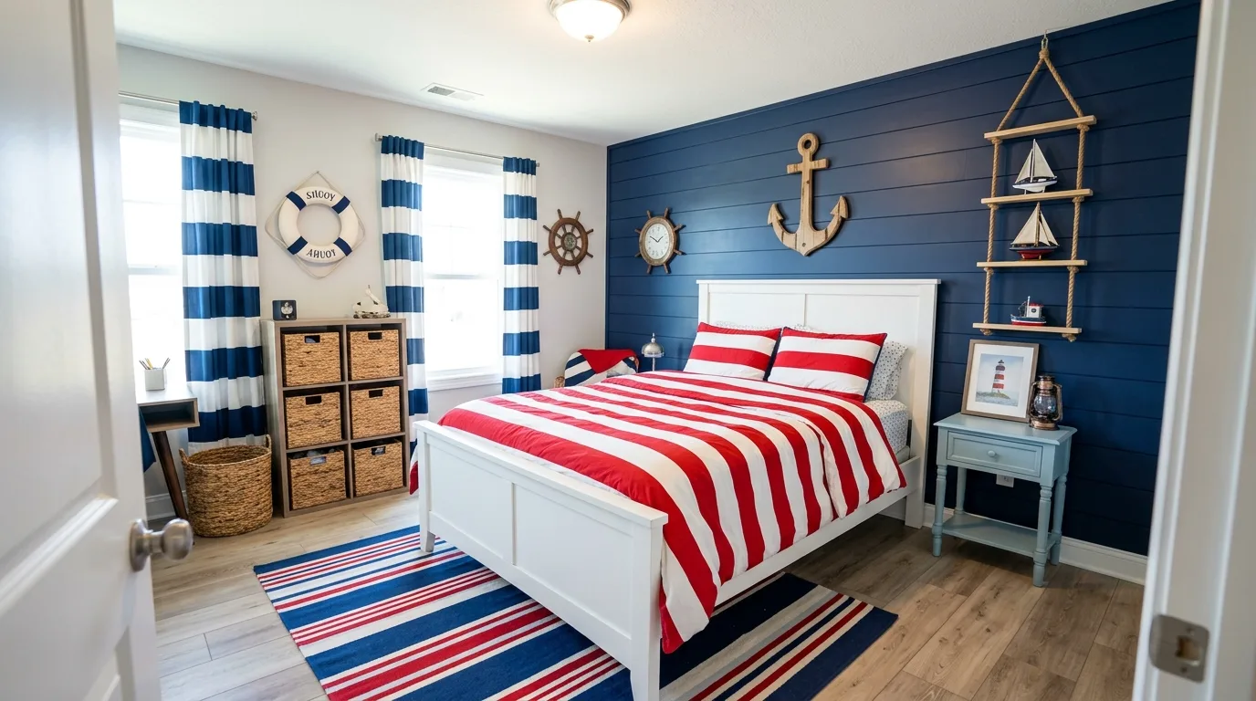 Boys bedroom with graphic rug and wall art in red and blue tones.