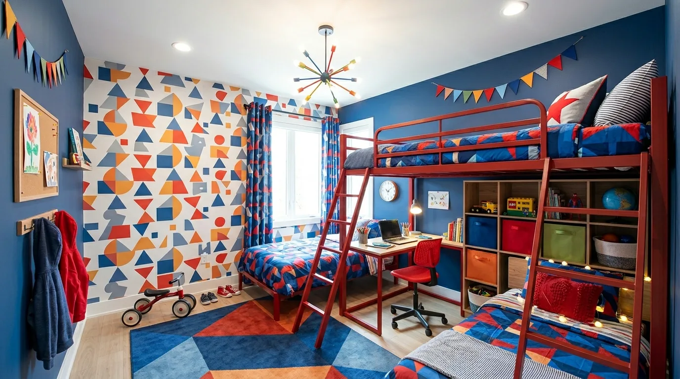 Denim blue and brick red boys bedroom with a more grown-up palette.