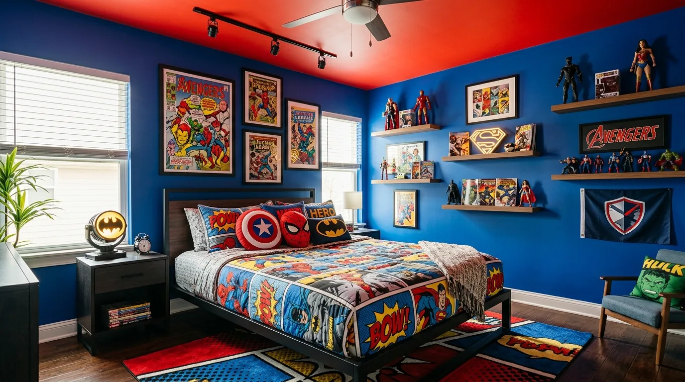 Loft bed boys bedroom with red and blue zones for play and sleep.