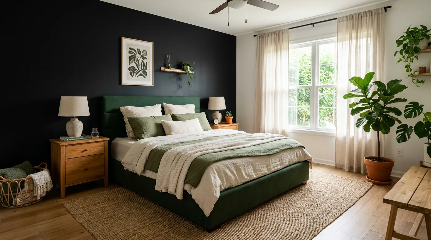 Refreshing green and black bedroom with natural inspiration and layered calm styling.