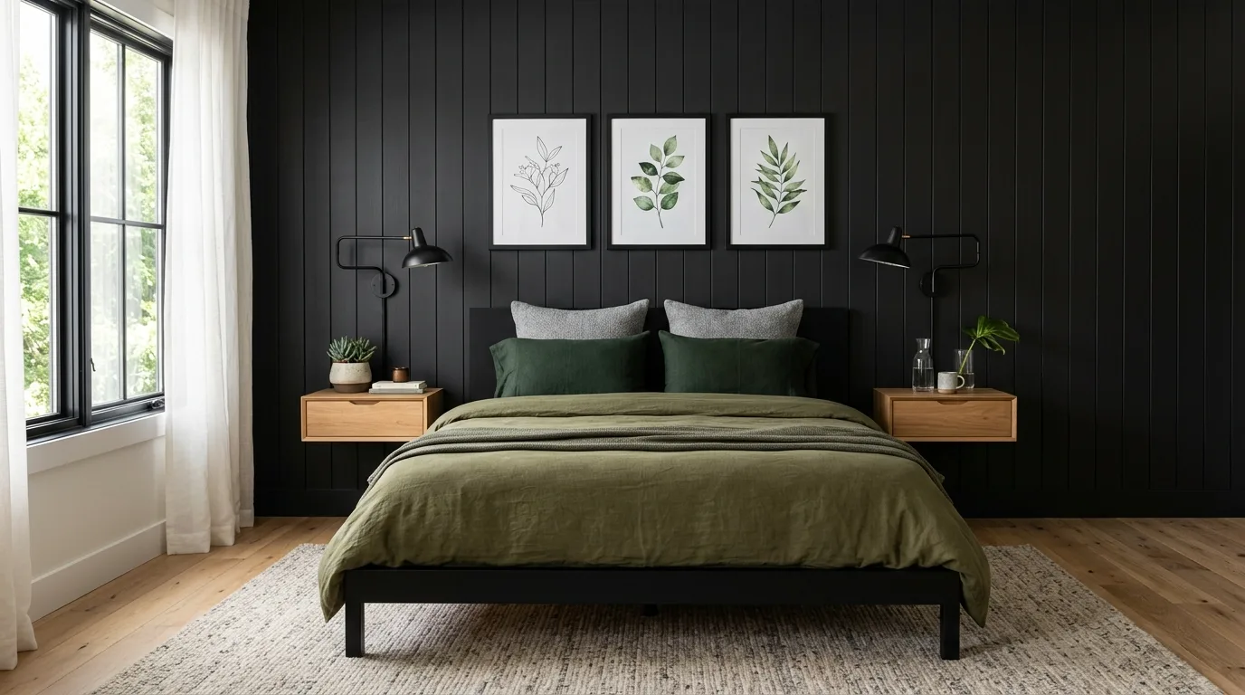 Black bed frame with layered green bedding in a fresh nature-inspired bedroom.