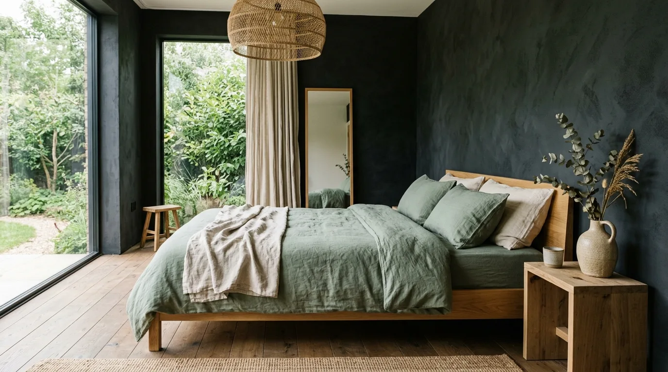 Deep forest green with black contrast in a rich nature-inspired bedroom.