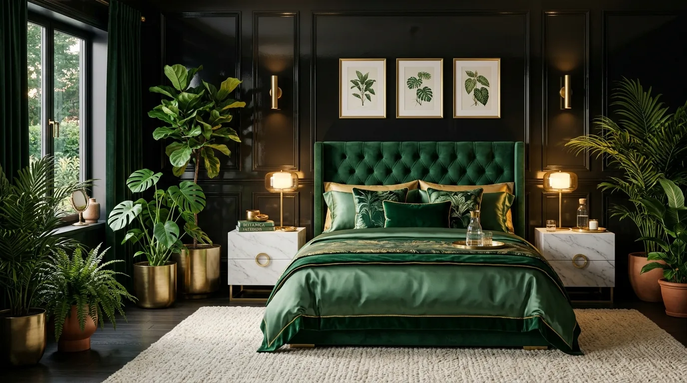 Green plant life softening a black room with natural balance.