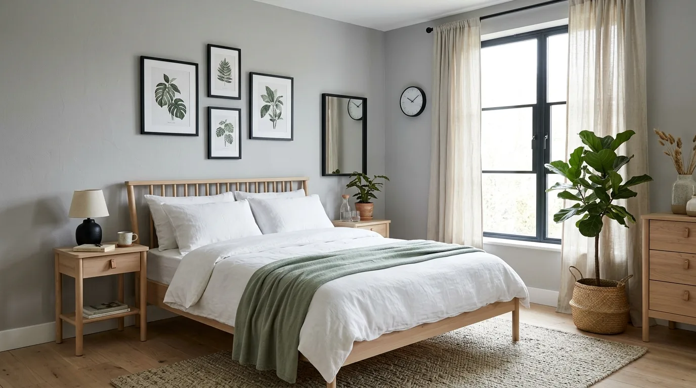 Muted sage with black furniture in a calm refreshing bedroom.