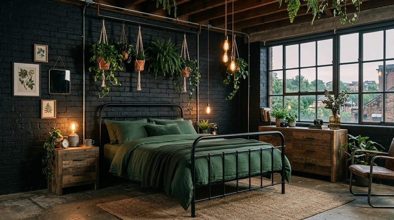Black walls and moss green textiles in a textured grounded bedroom.