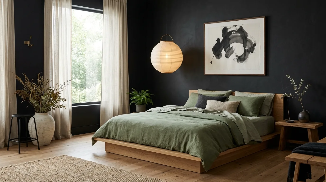 Green and black bedroom with light oak relief and natural warmth.