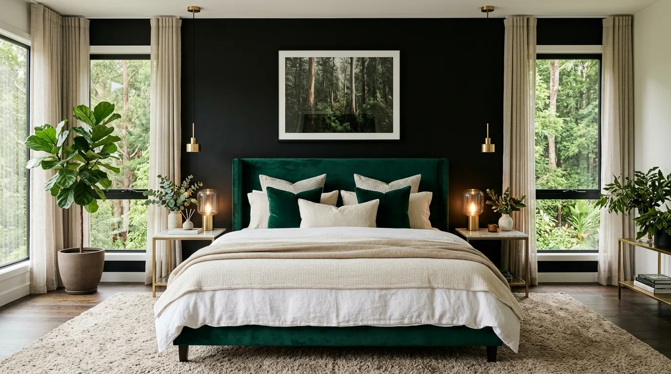 Black and green bedroom with botanical patterns and layered natural style.