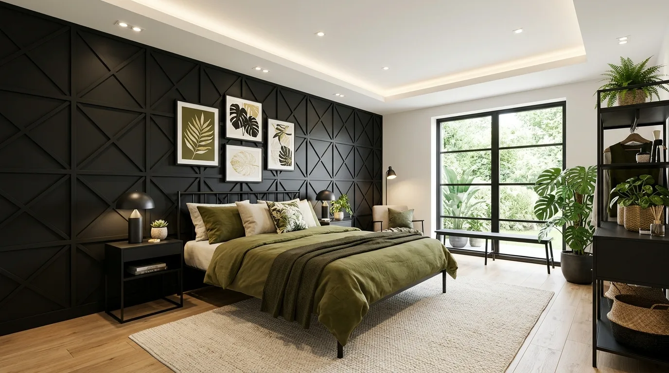 Fresh green accent wall with black details in a revitalizing bedroom.