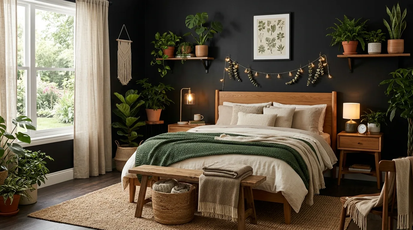 Green and black bedroom with warm natural light and calm grounded styling.