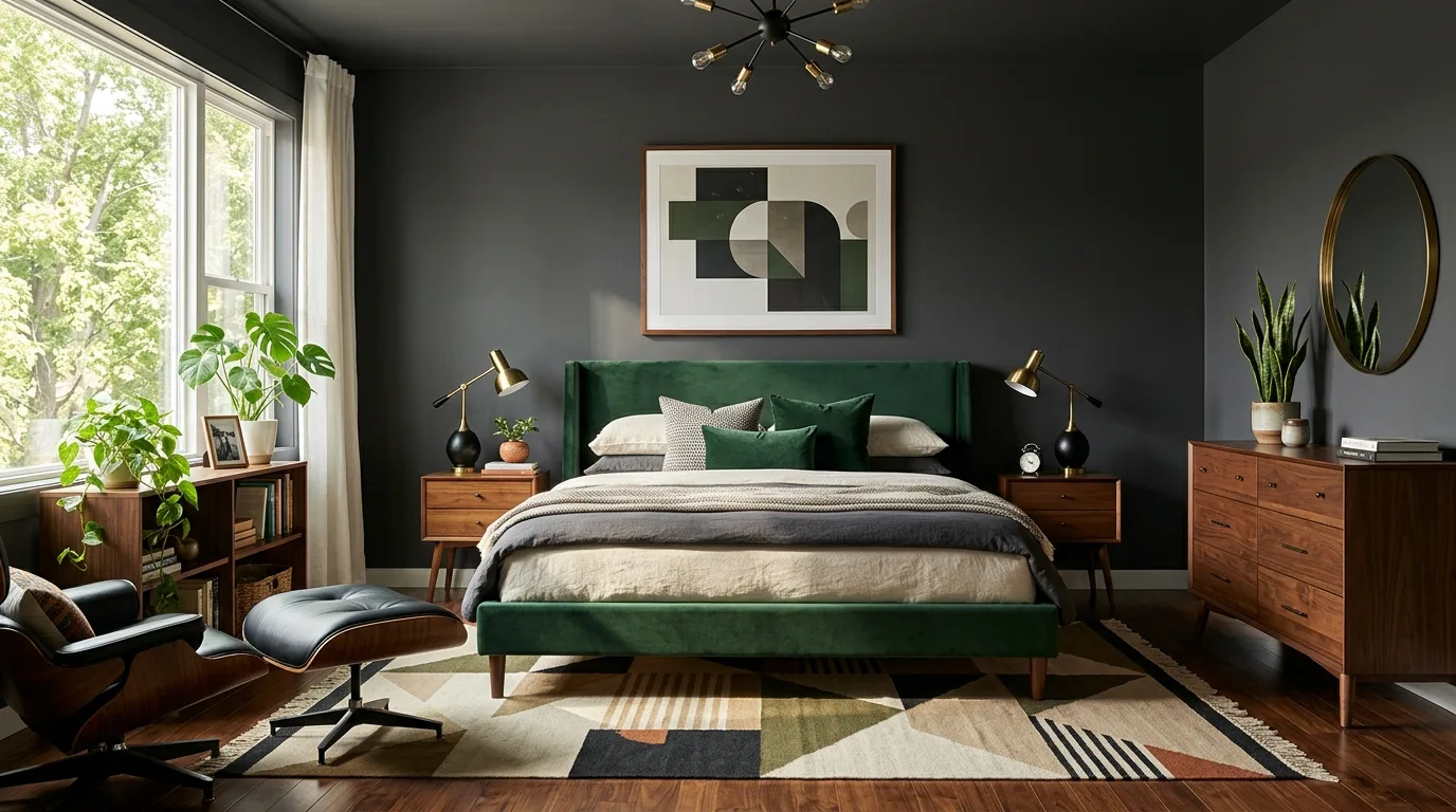 Nature-inspired bedroom with black depth and refreshing green layers.