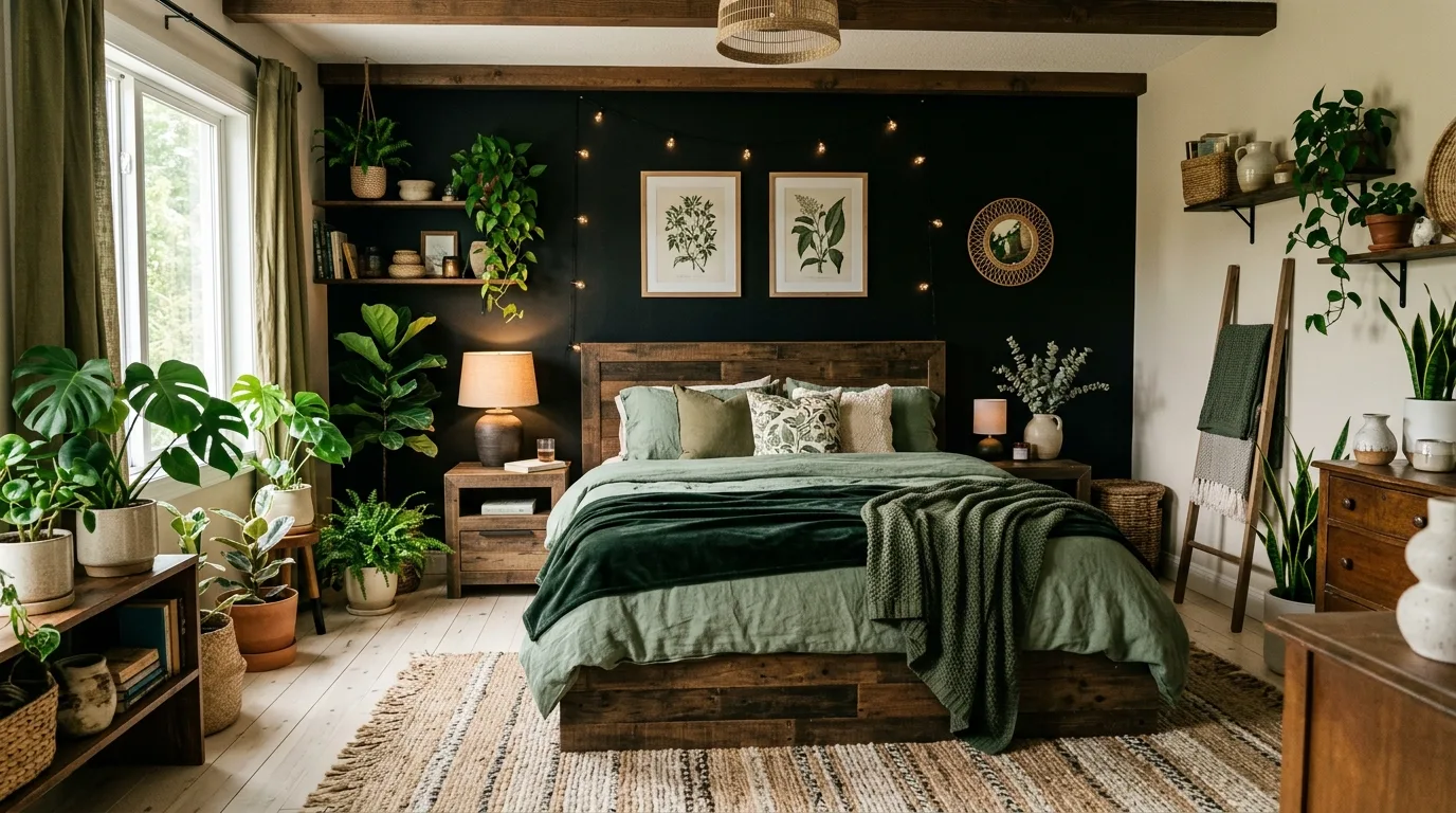 Green and black bedroom feeling fresh grounded and restful with natural warmth.