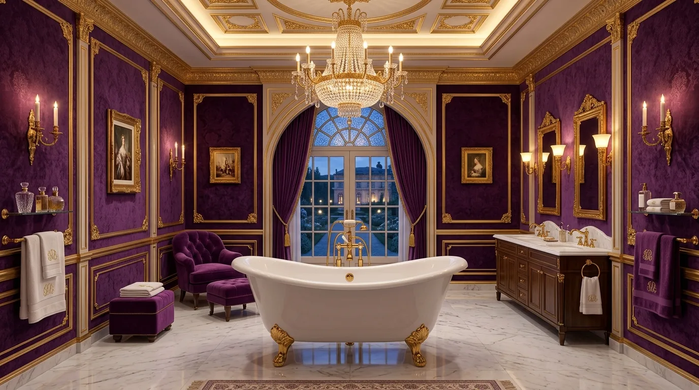 start with the main color or material story in a bathroom inspired by regal purple royalty.