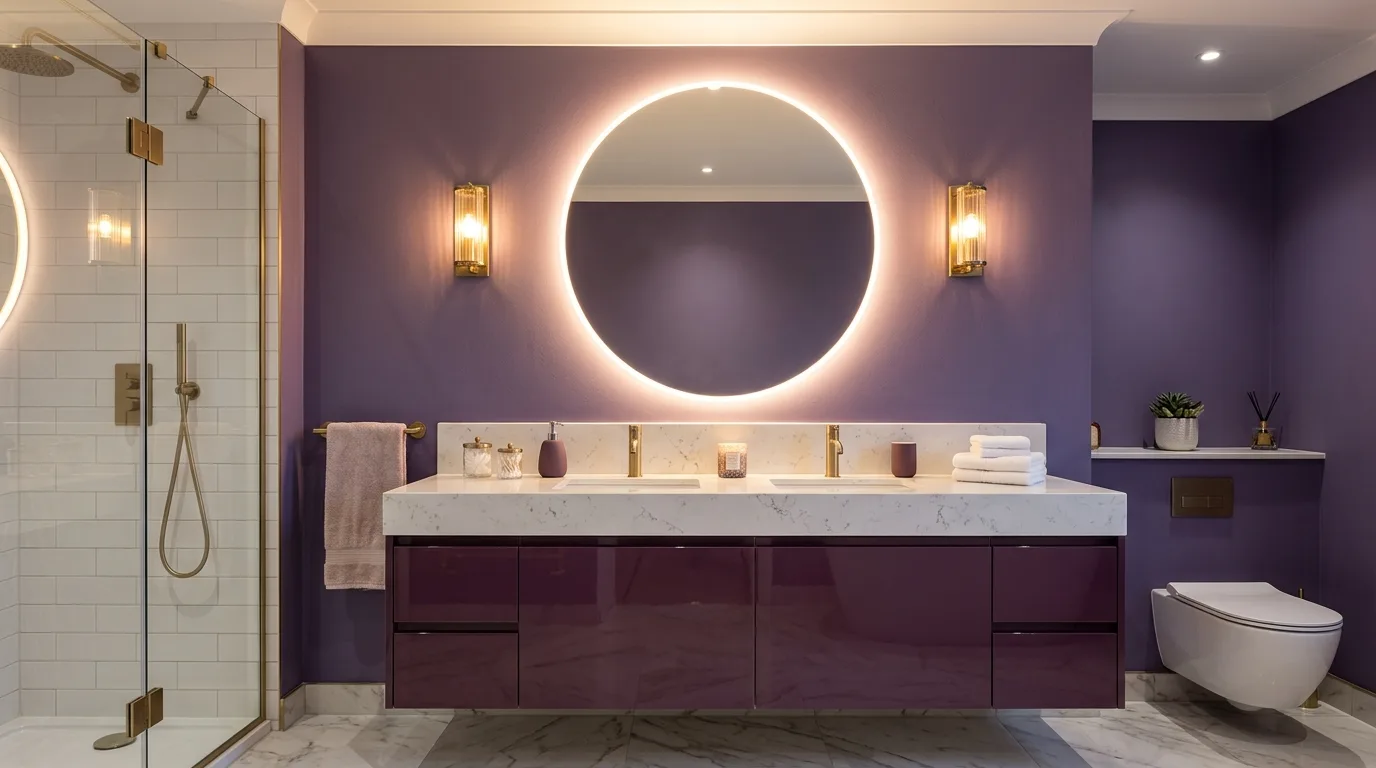 pair it with finishes that support the mood in a bathroom inspired by regal purple royalty.