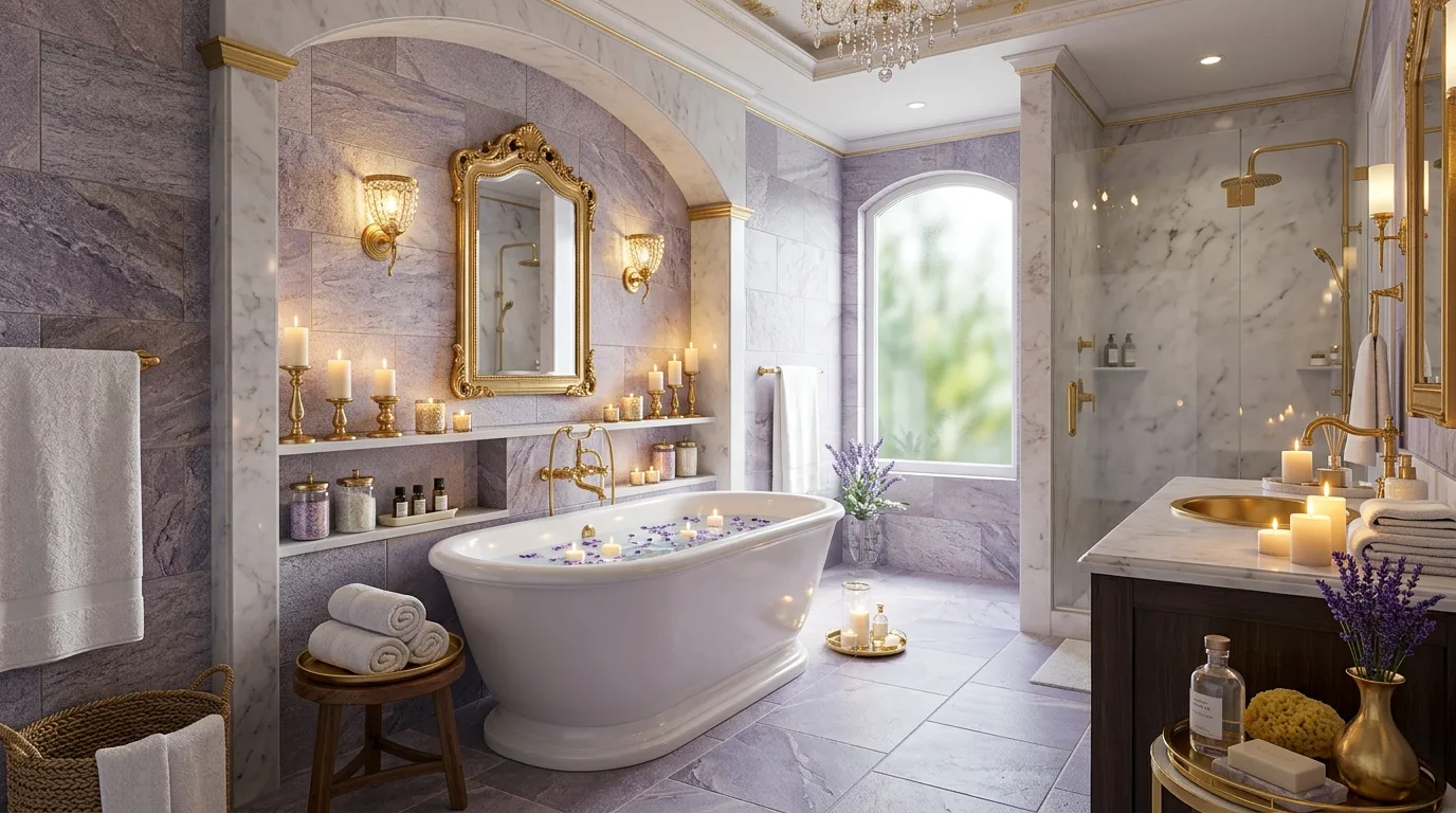 use lighting to bring the space to life in a bathroom inspired by regal purple royalty.